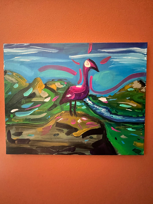 Pink bird 16x20 original